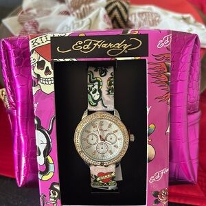 Ed hardy watch and makeup bag hot pink nwt